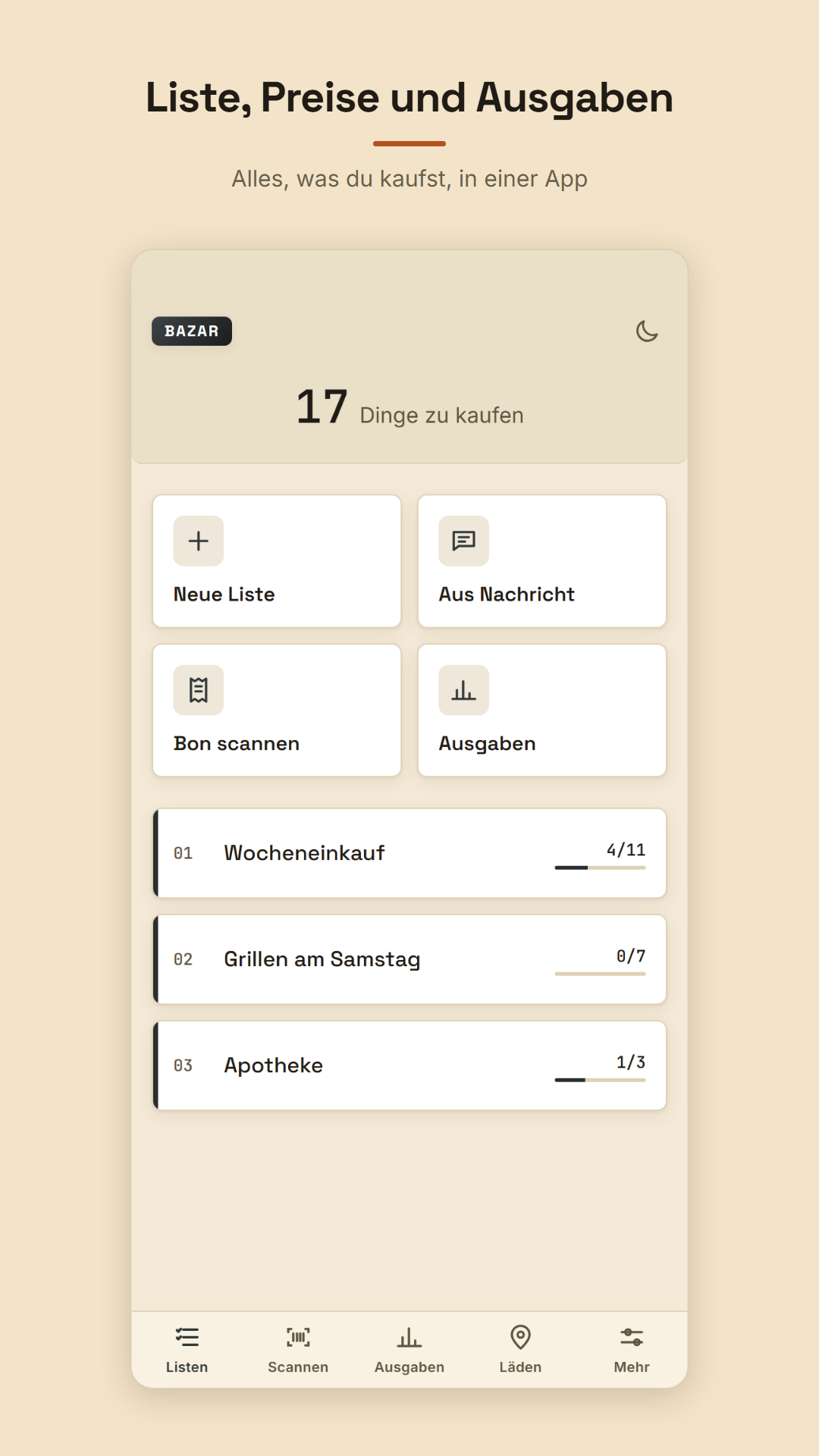 Der Startbildschirm: Schnellaktionen und alle deine Listen.