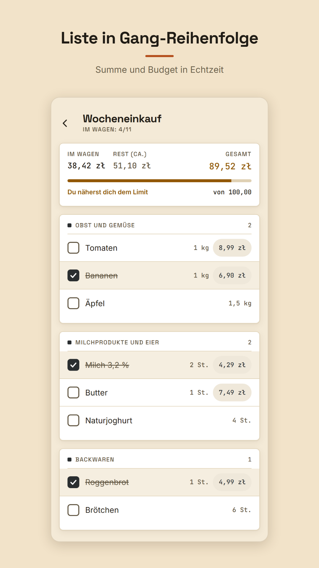 Die Liste in Gang-Reihenfolge, mit Summe und Budget.