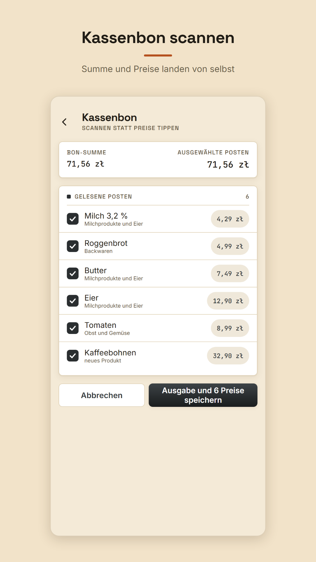 Bon-Scan — Summe und Posten auf dem Handy gelesen.