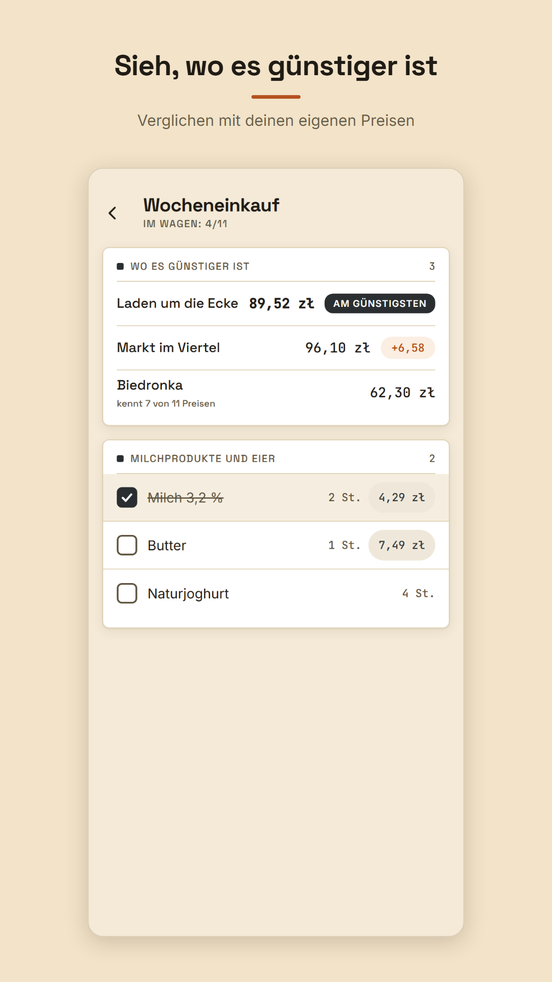 Wo es günstiger ist — dieselbe Liste über deine Läden verglichen.