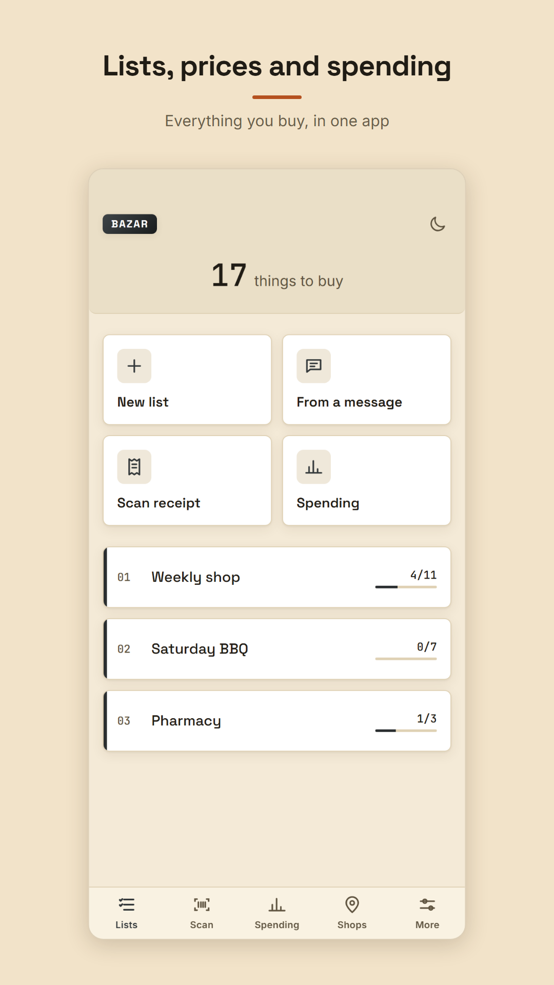 The home screen: quick actions and all your lists.