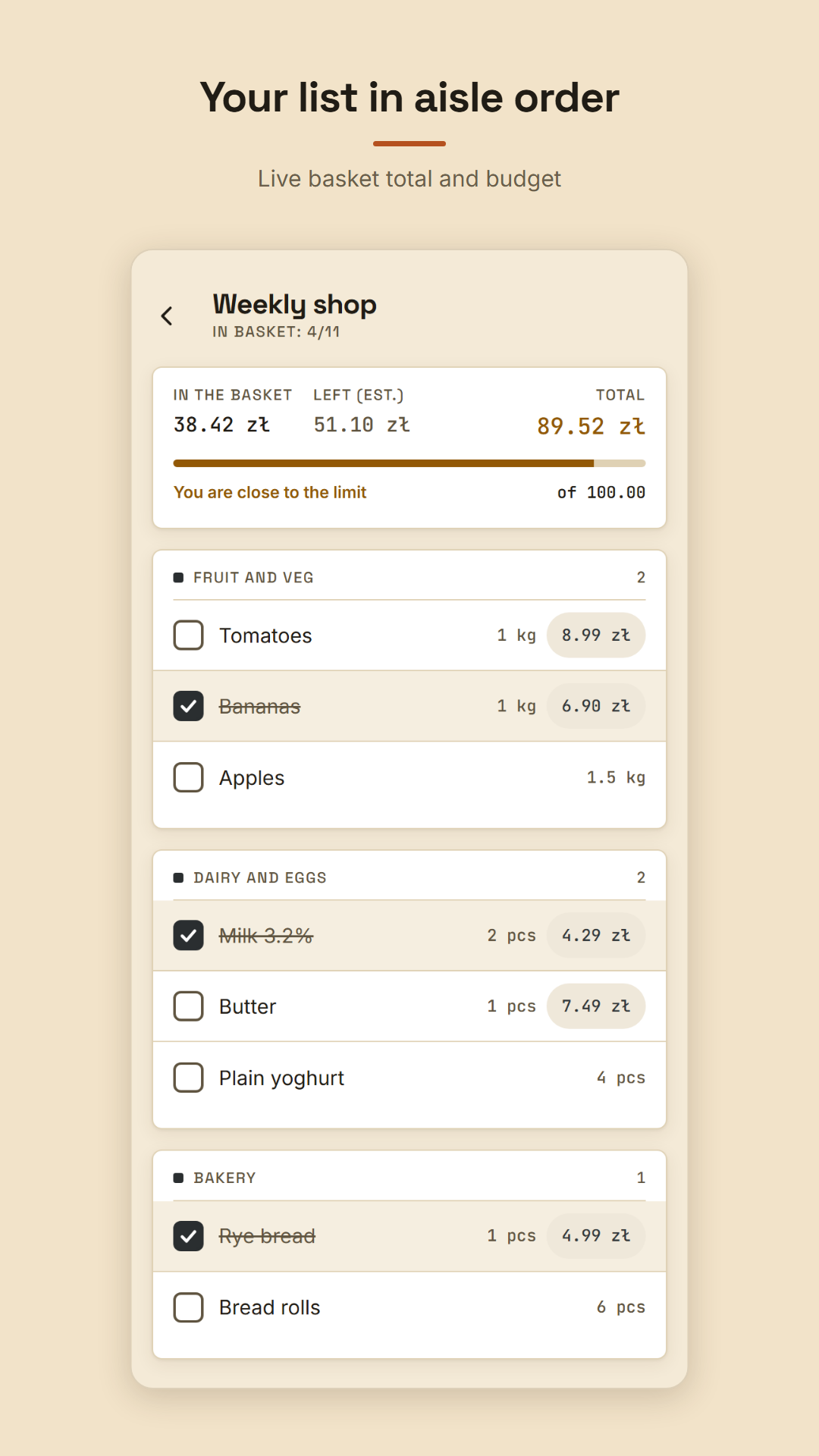 The list in aisle order, with basket total and budget.