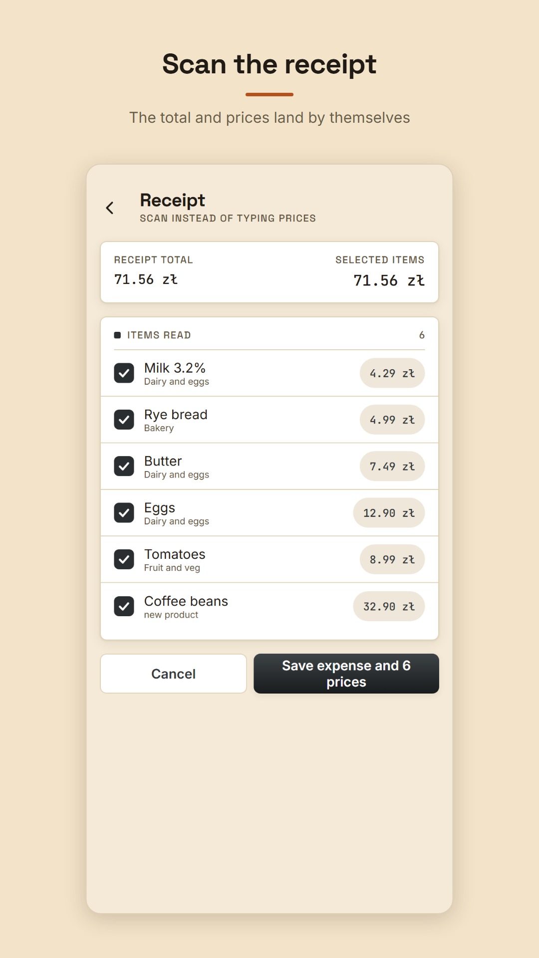 Receipt scan — the total and items read on the phone.