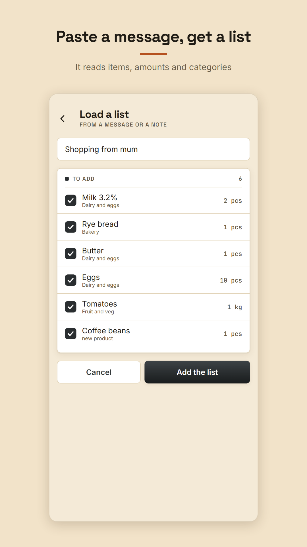 Paste a message and Bazar finds the items, amounts and categories.