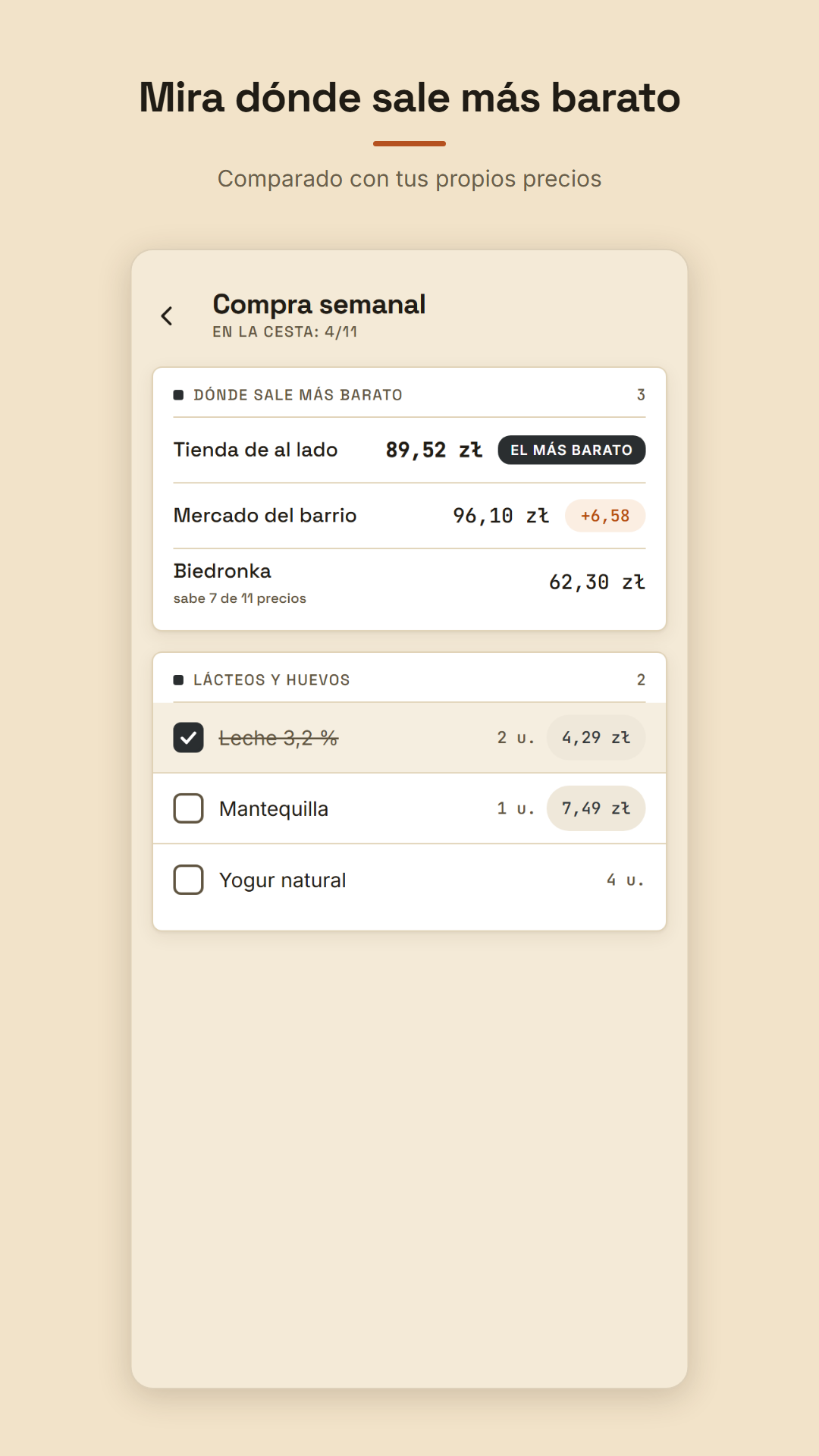 Dónde sale más barato — la misma lista entre tus tiendas.