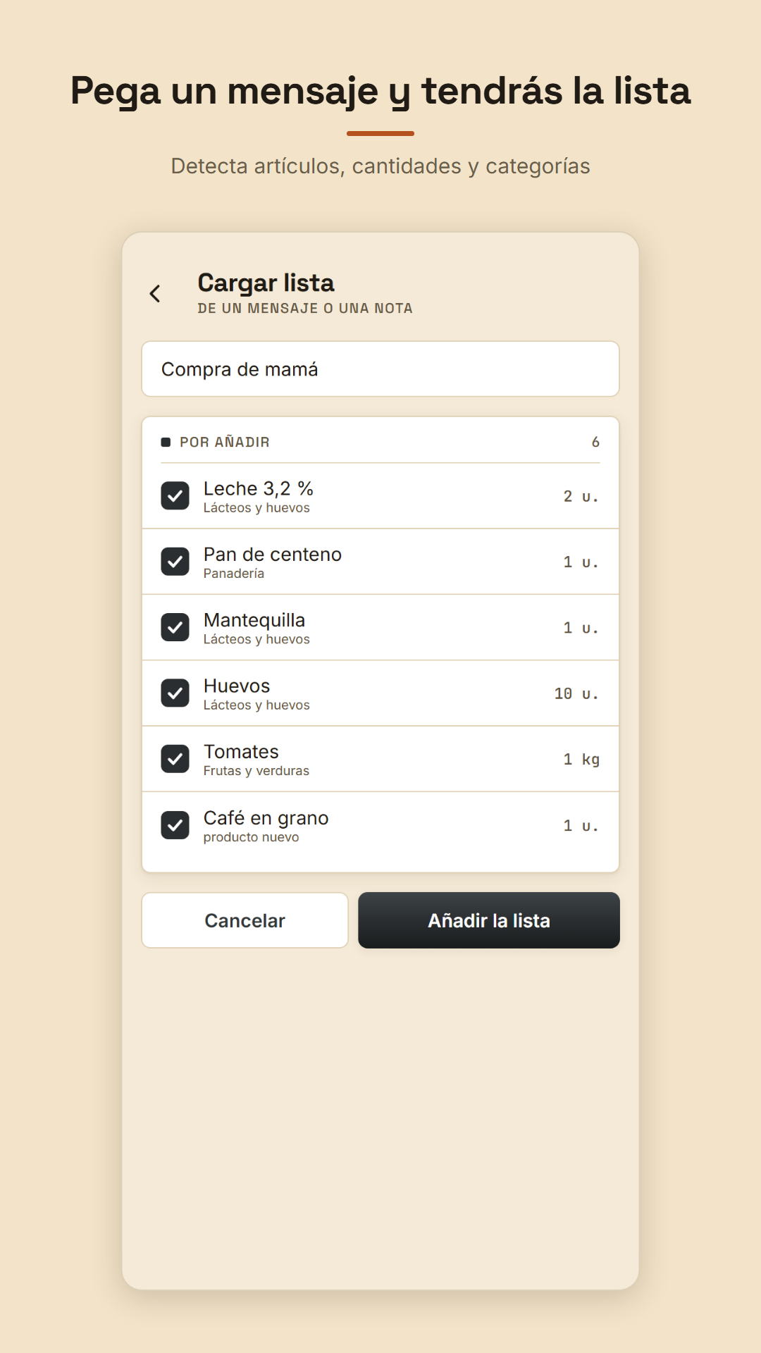 Pega un mensaje y Bazar detecta artículos, cantidades y categorías.